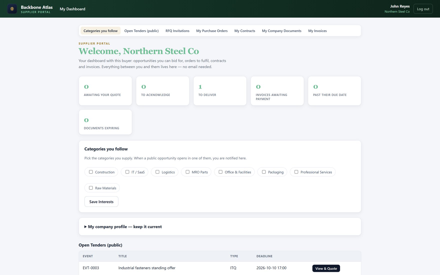 Open tenders & categories — Public open tenders and the categories a supplier follows to be notified — the same dashboard, its discovery side.