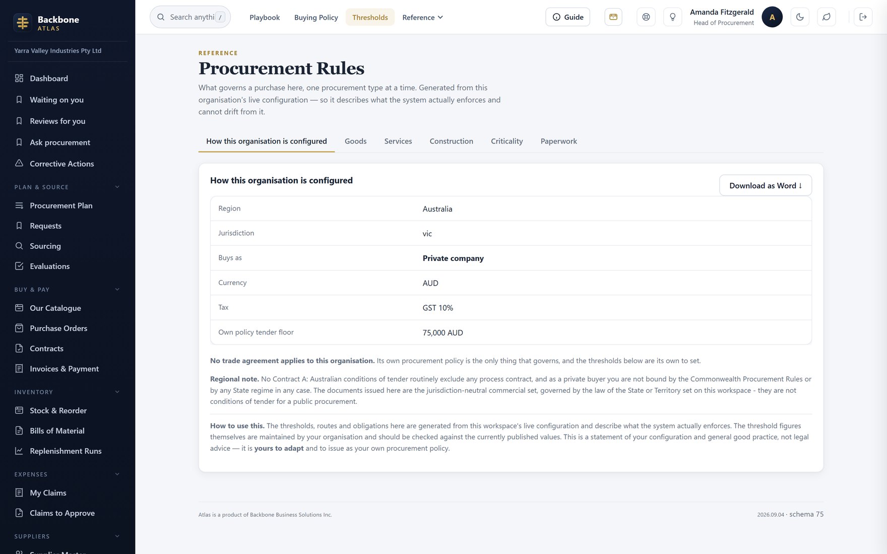 Procurement Rules generated for an Australian company — AUD, GST and its own escalation ladder