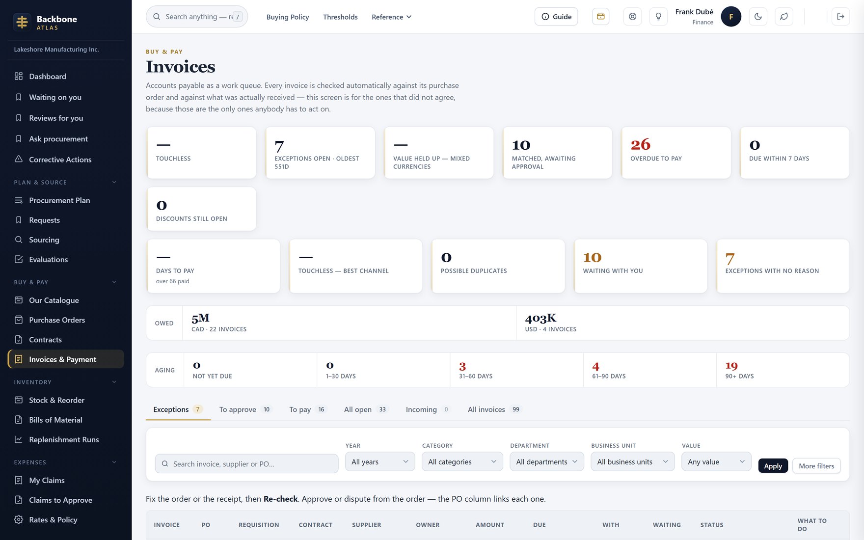 Invoices — The three-way match, and the exceptions that need a decision.