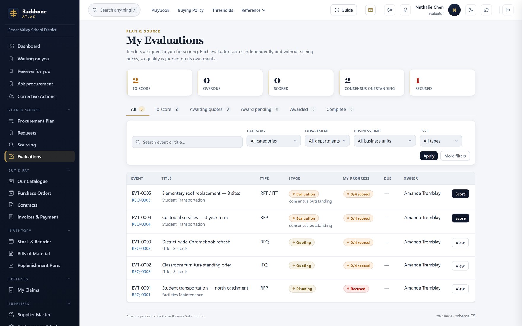 Evaluator's scoring screen — quality scored blind to price