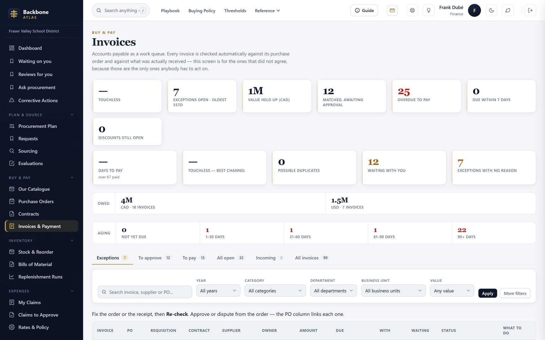 Finance view — invoices, three-way match and what is cleared to pay