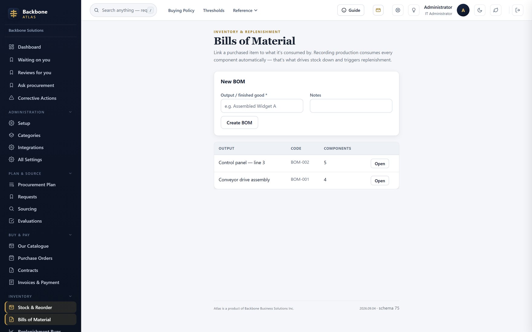 Bills of materials — What each build consumes, and in what quantity.