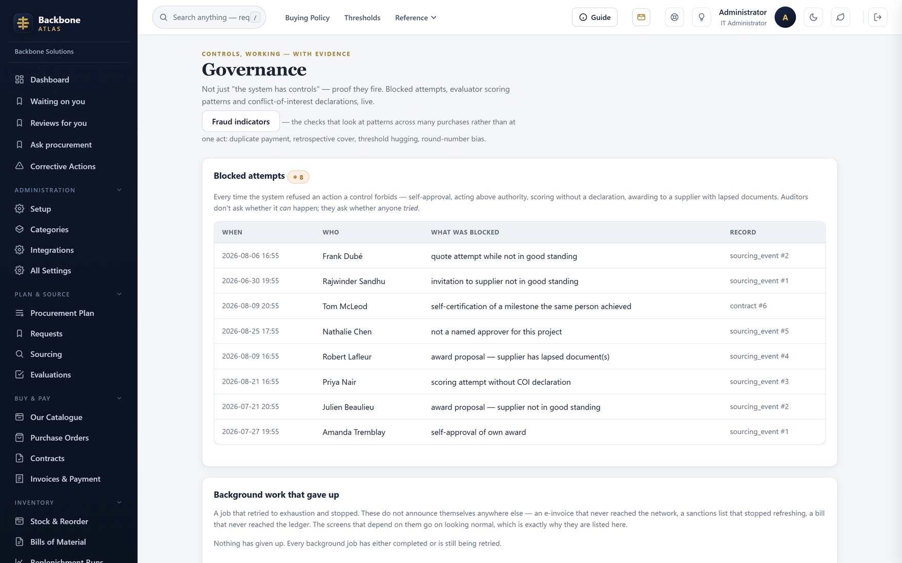 Governance — Blocked attempts, scoring patterns and declarations, live.