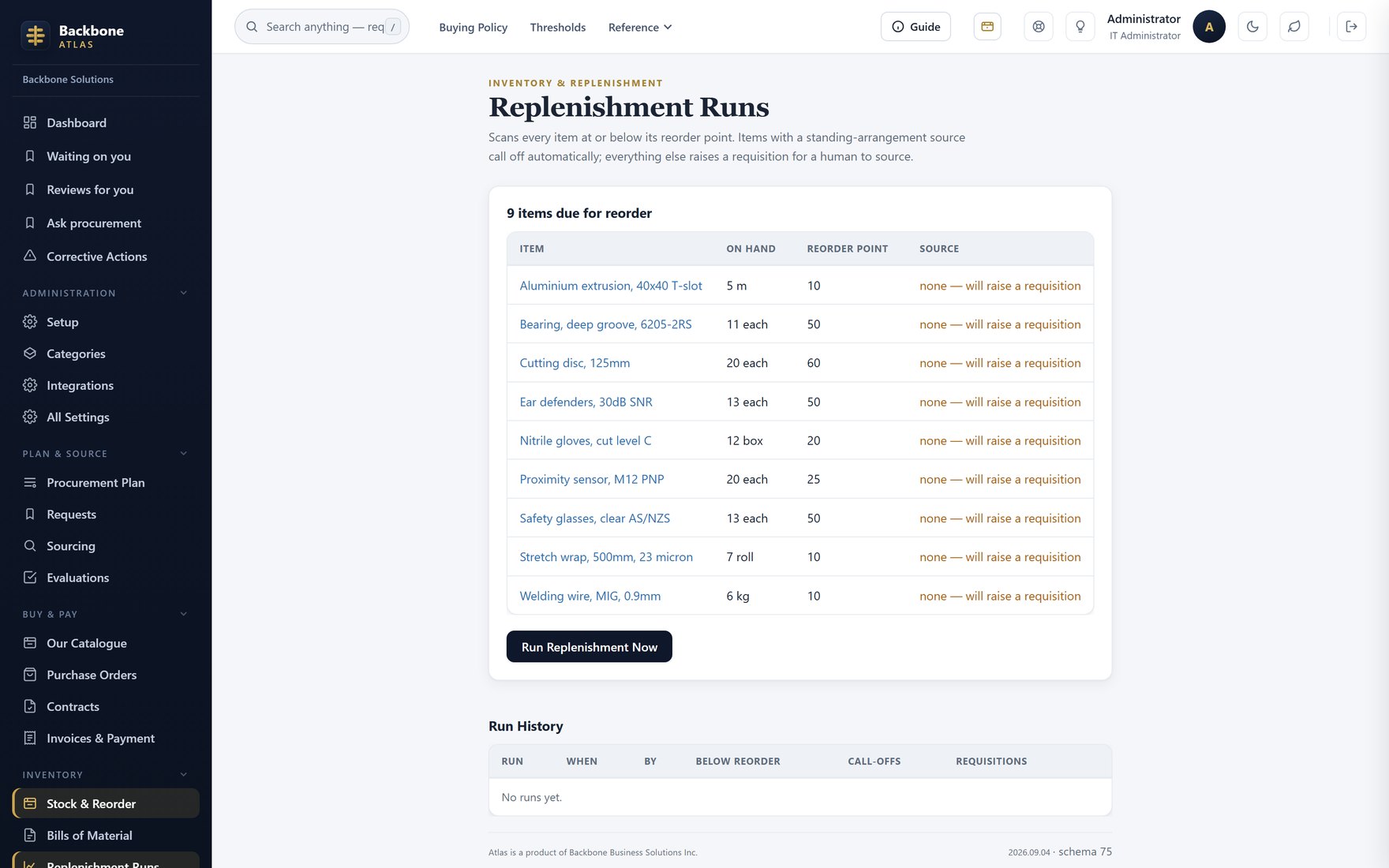 Replenishment — What to buy, from whom, by when — proposed, not placed.
