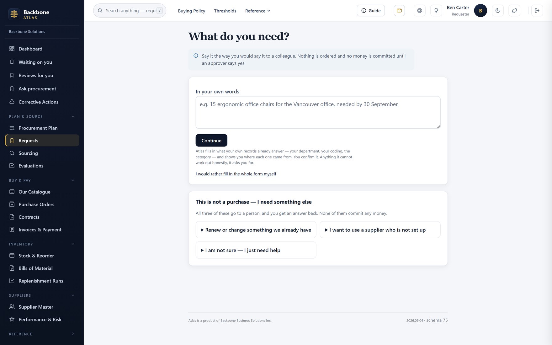 New request — The same intake form, whether or not the item is in the catalogue.