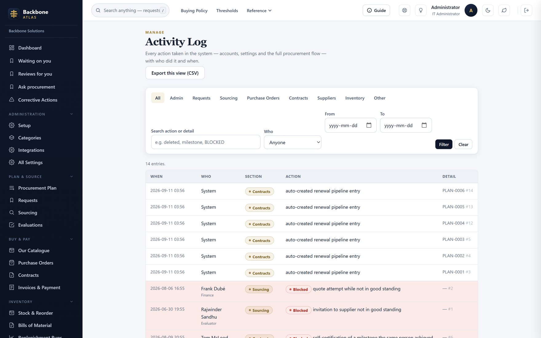 The activity log: every action, who took it and when