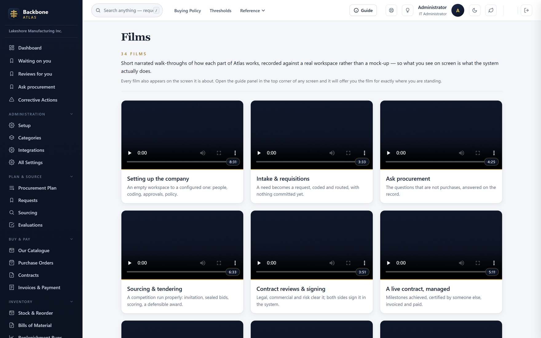 The film library — Thirty-four films with running times, served from inside the product.
