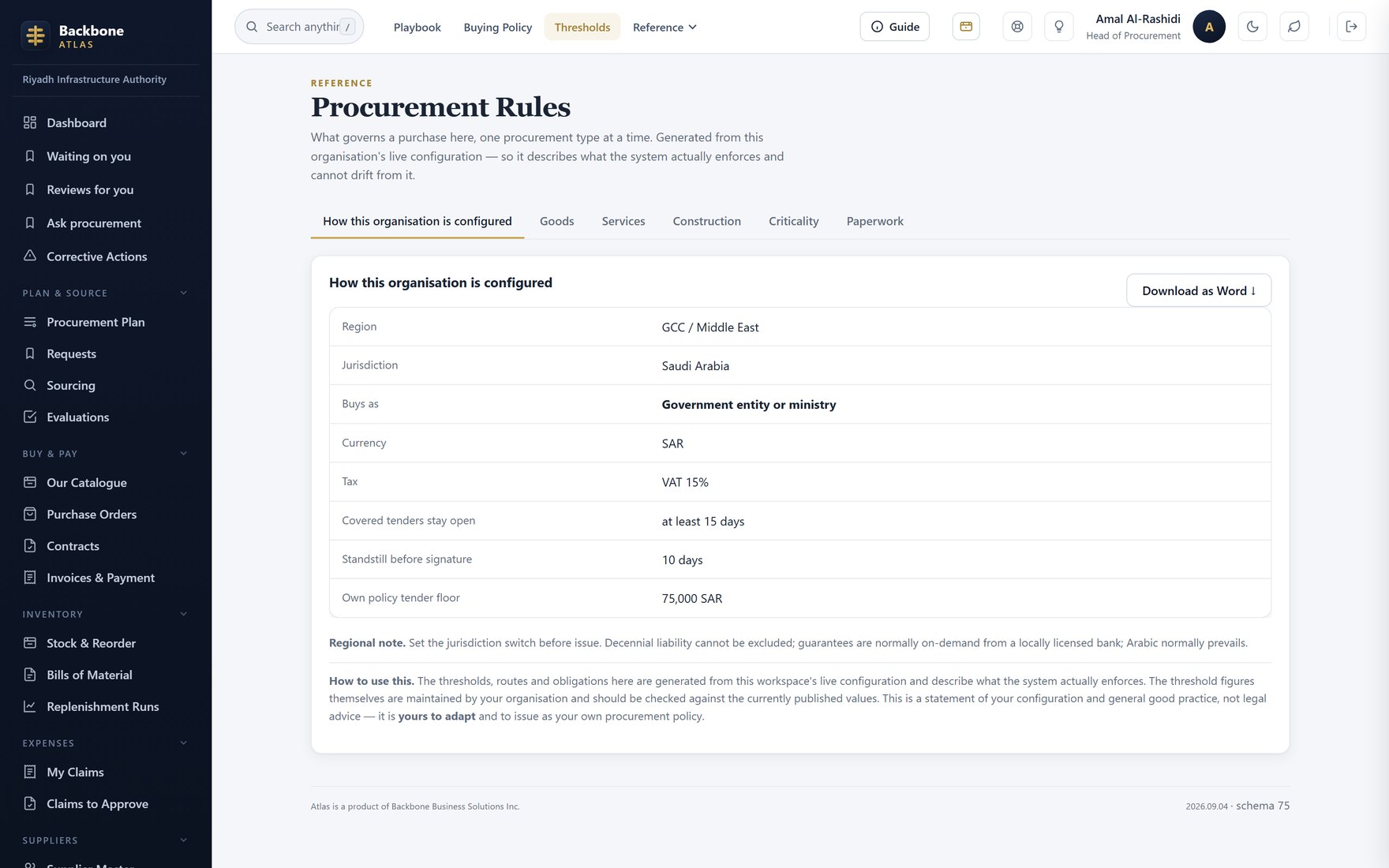 Procurement Rules generated for a Gulf government entity, for the selected jurisdiction