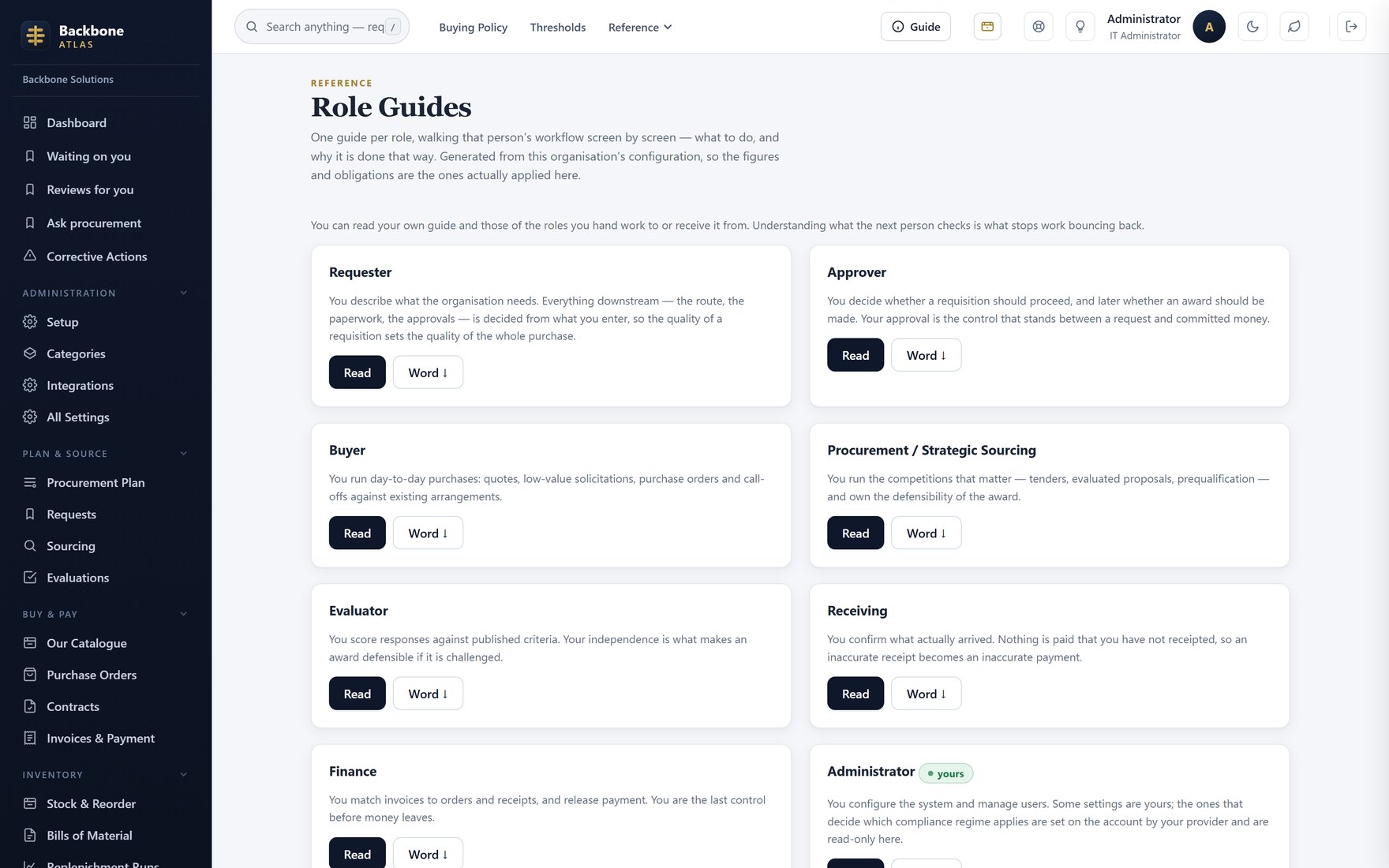 Role guides — One guide per role — nine of them — each exportable to Word.