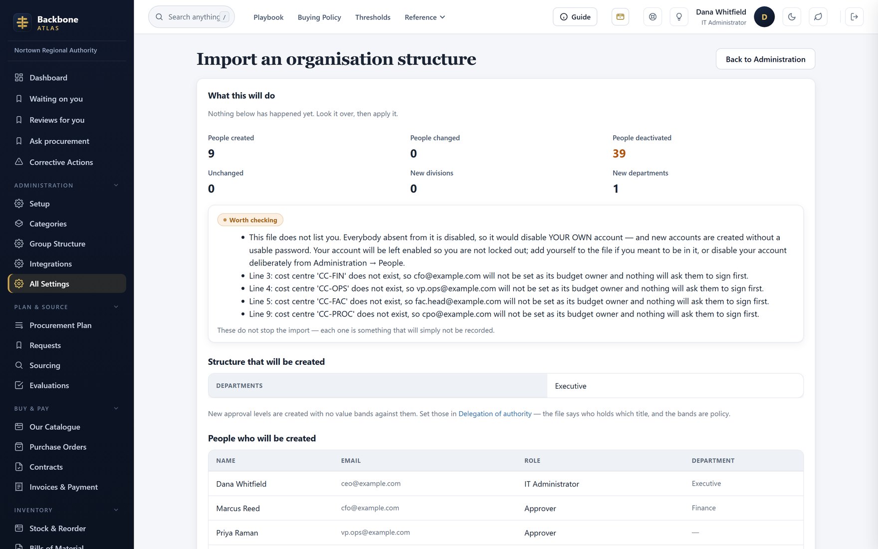 Structure import — The dry run: what the file would create, change and disable, before any of it happens.