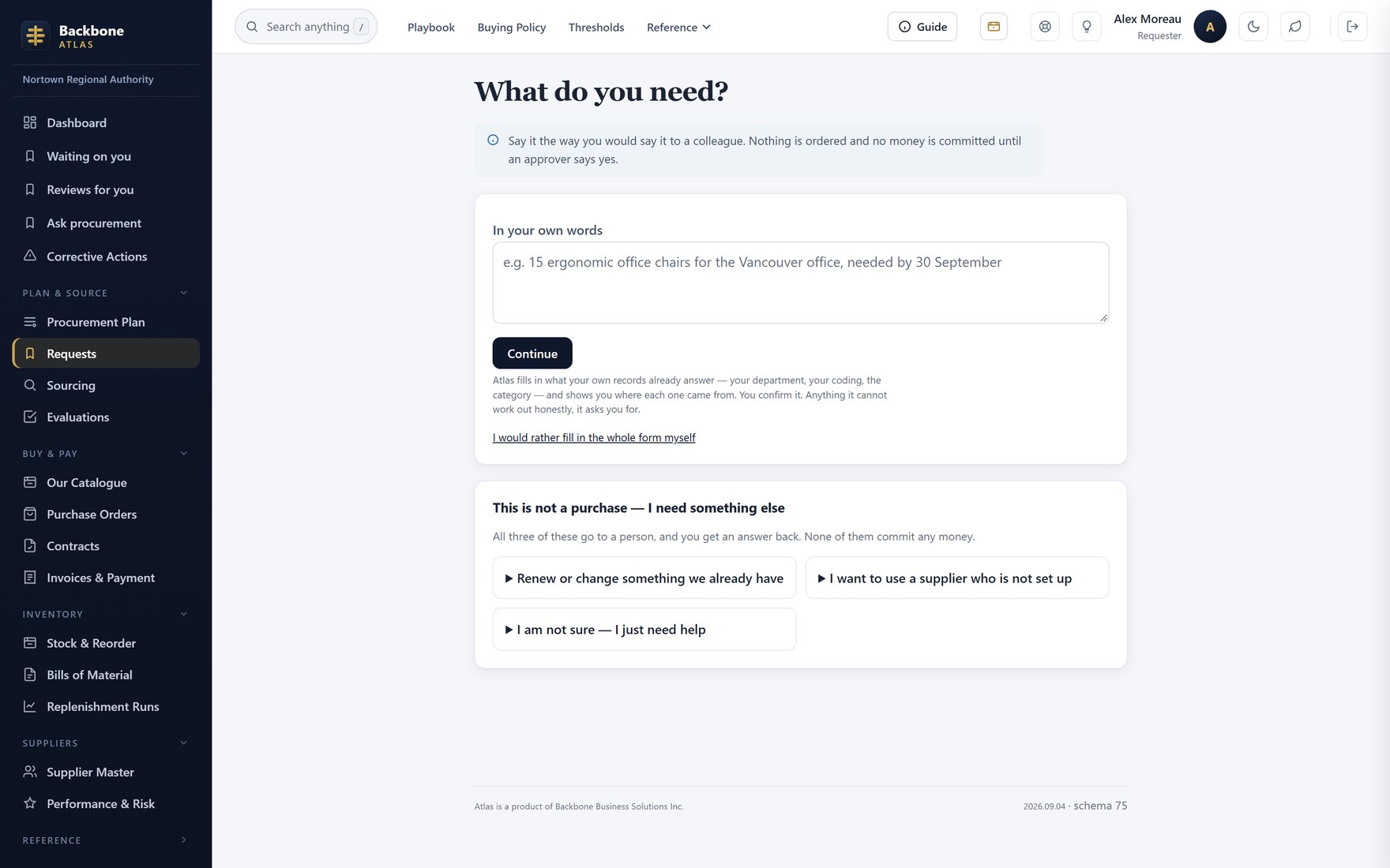 Raising a request — A divisional assistant's picker: every department under Operations, and nothing from another division.