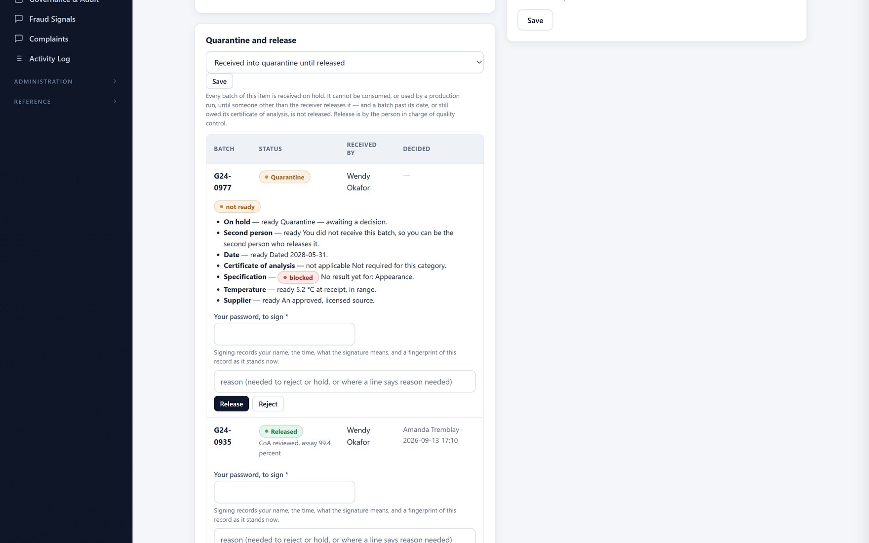 Quarantine and release on a cold-chain item: each held batch with its release readiness checklist