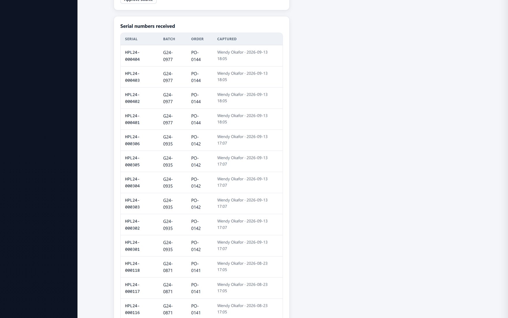 Serial numbers received for a cold-chain item, each with its batch, order and who captured it