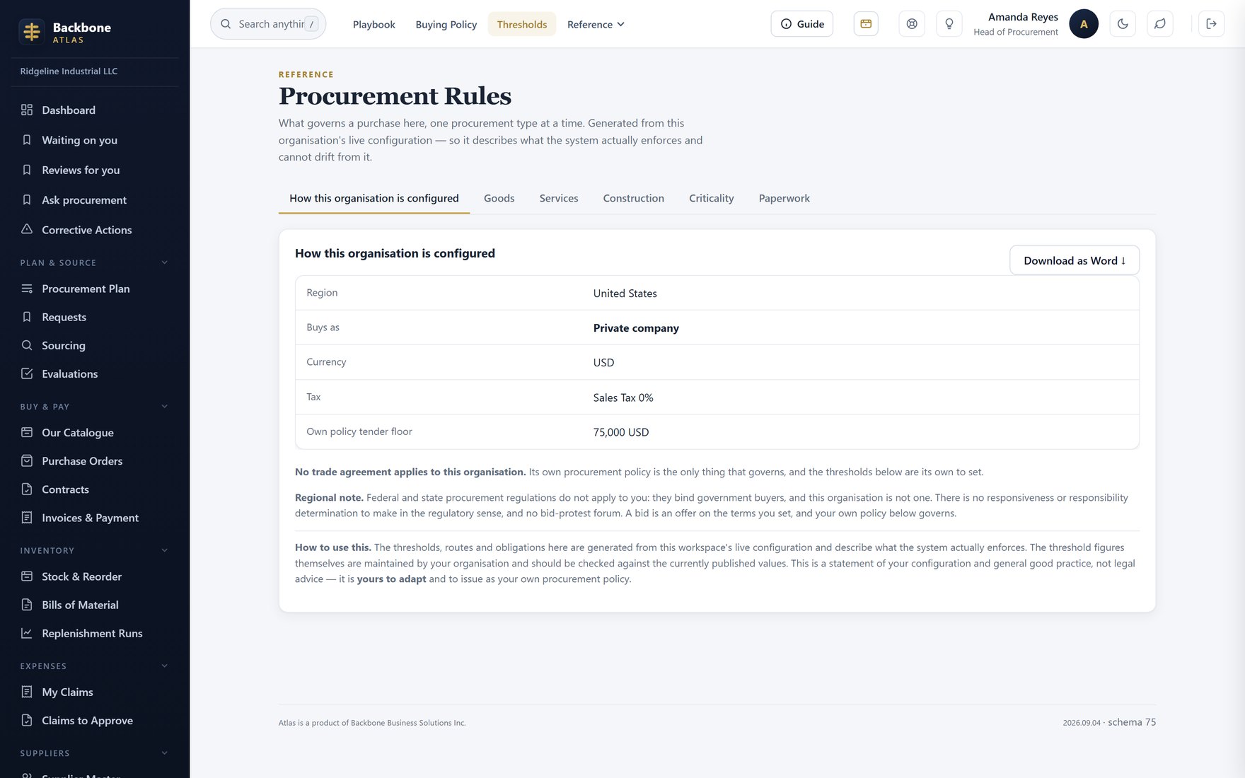 Procurement Rules generated for a US company from its own approval ladder